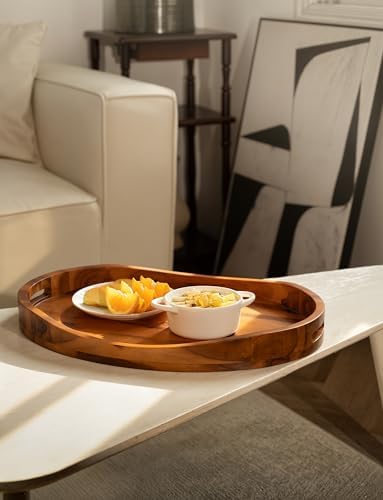 TIDITA Acacia Oval Wooden Serving Tray with Handle, 20"x15" Ottoman Tray - Image 6