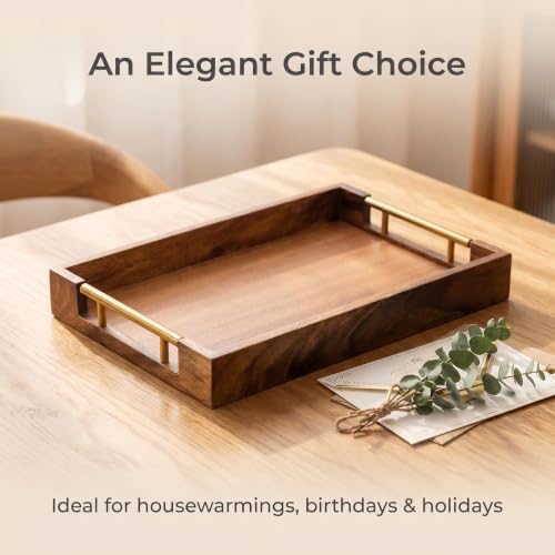 Walnut Wood Serving Tray with Metal Handles, Decorative Wooden Tray for Coffee Table, Living Room, Kitchen Counter and Party (15.75x11.81x1.97 Inch) - Image 5