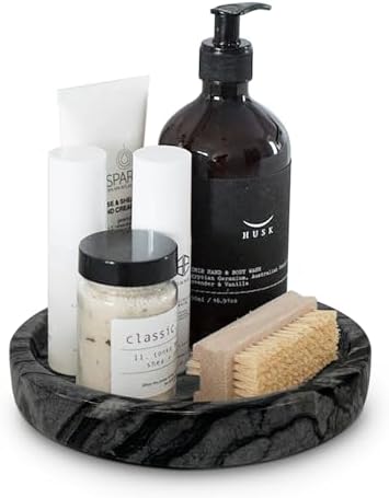 Travertine Tray, Small Ceramic Vanity Tray for Bathroom Counter Decor, Round Marble Decorative Trays for Coffee Table (Grey Black, Small Size) by Unknown