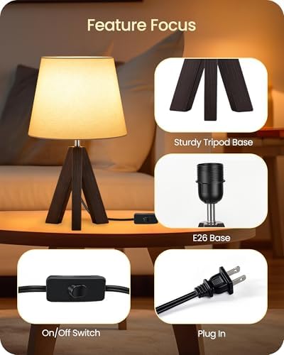 Small Table Lamp for Bedroom, 14.6" Bedside Lamp with White Linen Shade and Walnut Wood Tripod Base, Modern Nightstand Lamp for Living Room, Nursery, Entryway, E26 Socket, VW51TL05 - Image 5
