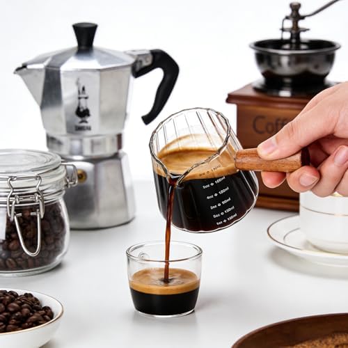 6OZ Wooden Handle Espresso Measuring Cup, Borosilicate Glass Milk Frothing Pitcher with Double Scale & V-Shaped Spout, Dishwasher Safe Coffee Accessories - Image 4