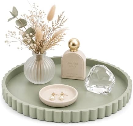 Silicone Bathroom Vanity Trays for Counter - 9.1 Inch Round Small Bathroom Tray with Scalloped Edge, Coffee Table Decor, Decorative Tray for Candle Key Skincare Perfume Storage, Matcha by METEOROCK