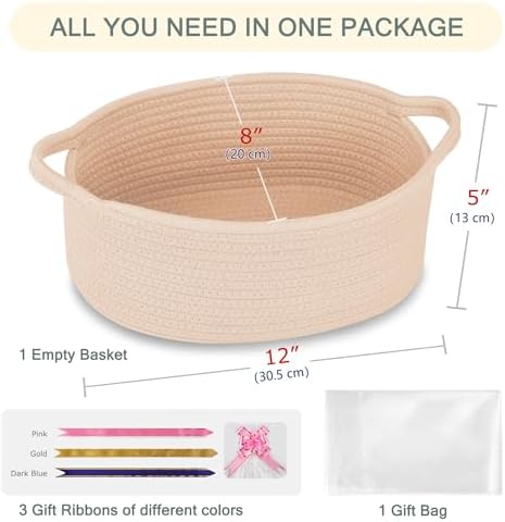 COMSE Small Woven Basket with Gift Bags and Ribbons, Gift Basket Empty, Cotton Rope Storage Organizer, Baby Toy Box with Handles, 12" x 8" x 5", Beige - Image 2
