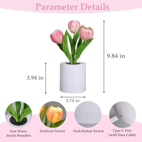 Lifnatty Tulips Flower Lamp Gifts for Women, Birthday Gifts for Sister, Daughter, Wife, Girlfriend - Rechargeable Dimmable Flower Table Lamp Decor, Cute Tulip Night Light Mom Present - Image 5