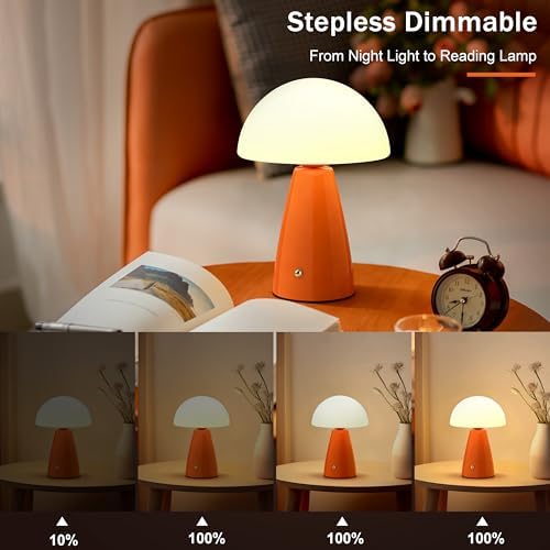 Mushroom Lamp Glass Rechargeable Battery Operated Mushroom Table Lamp Orange LED Vintage Modern Cordless Small Lamp Retro Dimmable Bedroom Nightstand Bedside Decor Aesthetic Home Birthday Gift - Image 2