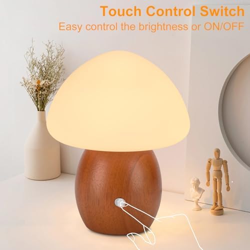 Mushroom Lamp with Touch Control Switch, Small Wooden Table Lamp with Glass Shade, 3 Way Dimmable Nightstand Lamp for Bedroom, G9 LED Bulb Included (Brown Color&Opal White Glass Shade) - Image 4