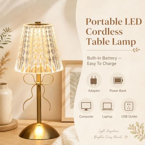 Liliful 2 Pcs Cordless Table Lamp LED Touch, Gold, Classic Style Bow - Image 3