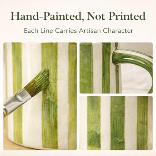 8oz Handmade Ceramic Espresso Mug with Coaster, Speckled Glaze Aesthetic Coffee Cup, Minimalist Striped Cappuccino Flat White Mug, Microwave Safe (green) - Image 6