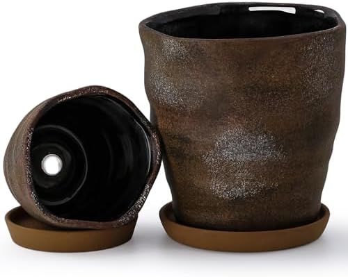 4+6 Inch Ceramic Planter Set of 2 with Drainage Hole and Saucer for Plants, Indoor-Outdoor Large Irregular Succulent Orchid Flower Pot- Cement Paint, Inner-pots not Larger Than 5 Inch by Unknown