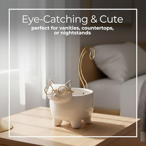 Ceramic Jewelry Dish & Trinket Tray – Ring Dish and Catchall for Everyday Accessories, Vanity or Nightstand Display – Cat Silhouette Decorative Tray Accent, Home Decor – 6", White & Gold - Image 4
