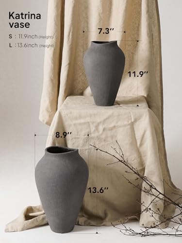 Ceramic Vase - Large 13.6 Inch Tall Floor Vase for Centerpieces, Farmhouse Flower Vases, Rustic Minimalist Home Decor for Living Room, Enterway, Wedding (Sandstone Dark Gray) - Image 2