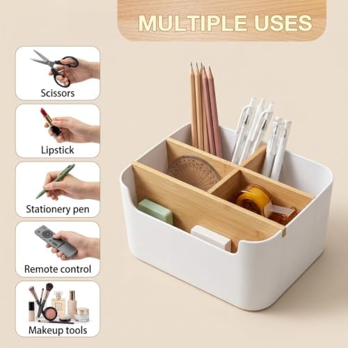 Cozary Bamboo Desk Organiser, Office Organiser with 5 Compartments, Pen Holder Desk for Office, Home and School, Desk Organiser Compact (18.2 x 14.6 x 9.3 cm) - Image 5