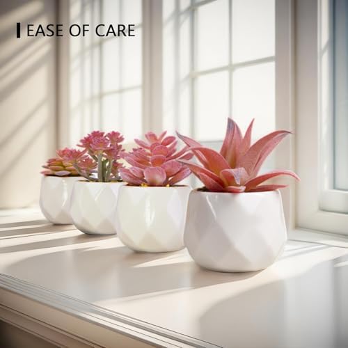 VIVERIE Mini Faux Succulents Plants Artificial in Pots-Rose Pink Desk Accessories, Small Fake Succulents Plants for Home Decor Indoor for Women, White Ceramic, Set of 4 - Image 5