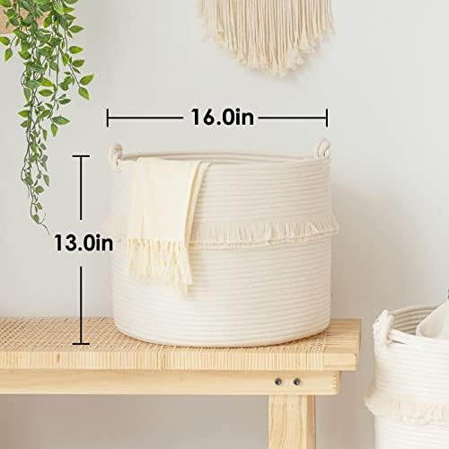 CherryNow 45L Woven Rope Baby Basket with Tassel, 16" x 13", Off-White - Image 3