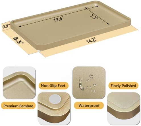 Weenson Gold Bathroom Vanity Tray for Countertop Decor Perfume Makeup Toiletries Toilet Tank, Large Bamboo Kitchen Tray for Spice Salt, Serving Tray for Food Coffee, Nightstand Candle 14.2”x8.3” - Image 3