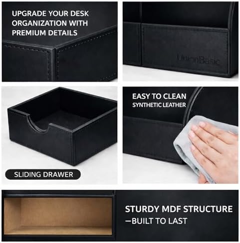 UnionBasic Desk Organizer - Multifunctional Leather Desktop Pen Holder Storage Box - Business Card/Pen/Pencil/Mobile Phone/Stationery Holder, Black - Image 2
