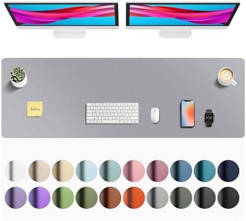 Aothia Faux Leather Desk Mat - Non-Slip PU Leather Desk Blotter, Waterproof Writing Surface, Large Desk Pad for Office & Home (Light Grey, 55" x 17") by AothiaSimpleNaturalUnique