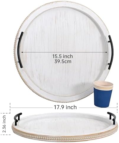 SwallowLiving 18Inch White Wooden Beaded Serving Tray with Handle Decorative Rustic Whitewashed Tray for Coffee Table Farmhouse Round Tray for Kitchen, Living Room and Bedroom - Image 4