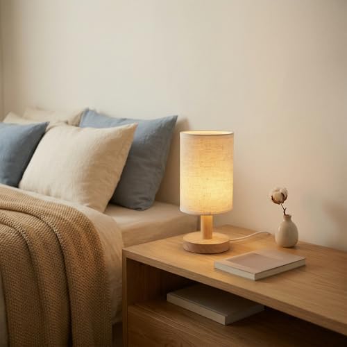 Small Bedside Table Lamp,USB Powered,Wood Base & Fabric Shade, Warm Light - Image 4