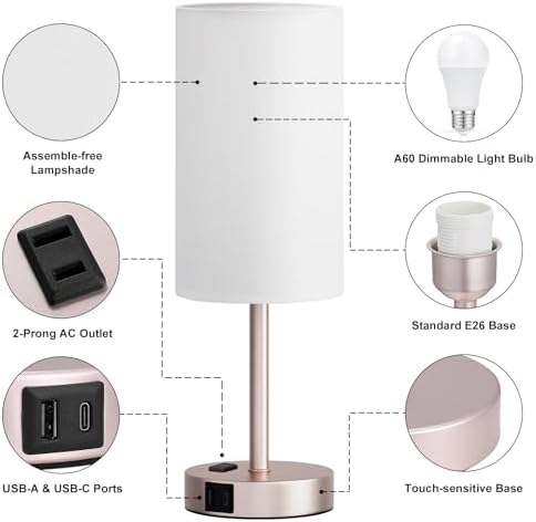 17.4" Antique White Lamp for Bedroom - Dimmable Touch, USB A+C, AC Outlet - Image 6