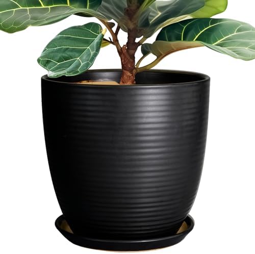 12 Inch Pots for Plants - Ceramic Planter Pot, Large Flower Pot with Drainage Hole and Saucer for Home Patio Garden Office Indoor Outdoor, Black by EPFamily
