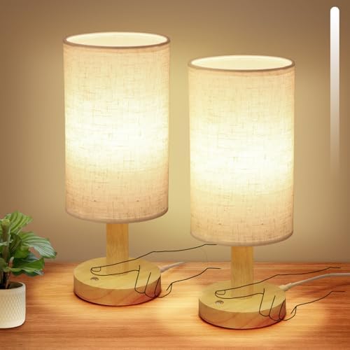 Small Cordless Touch Table Lamps Set of 2 with Stepless Dimming, Natural Wood Base & Linen Fabric Shade,Wireless Battery-Powered Ambient Night Lights for Bedroom, Bedside, Nightstand,Room, Nursery by UCHENTON