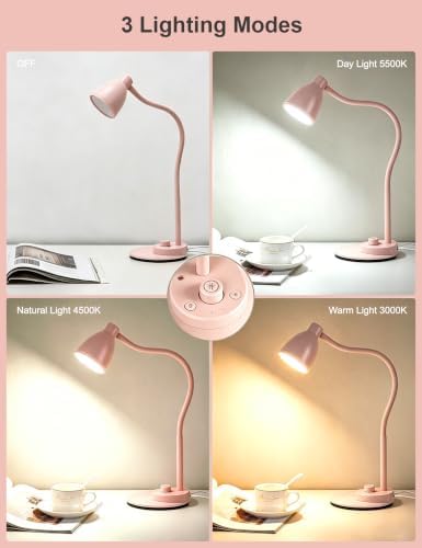 BOHON Cute Desk Lamp with USB Charging Port, 3 Color Modes Dimmable, Pink - Image 2