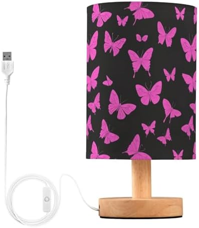Hot Pink Butterfly Pink and Black Bedside Table Lamps with USB Port for Bedroom Lamp Table Lamp Small Nightstand Lamp Sturdy Linen Shade Wooden Decorative Lamps for Home Dorm Office Living Room by Fustylead