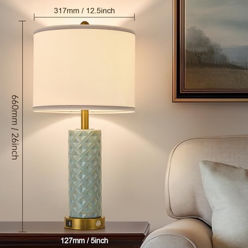 Set of 2 Table Lamp for Living Room Bedroom Farmhouse,26'' Touch Control Bedroom Spa Blue Ceramic Lamps 3-Way Dimmable Bedside Lamps with USB A+C Ports Linen Shade for Home - Image 6