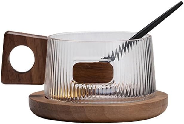 Dxcaicc Glass Coffee Cup with Wooden Handle And Black Walnut Saucer, Clear Tea Cup for Cold & Hot Beverages, Modern Glass Mug Set,B by Dxcaicc