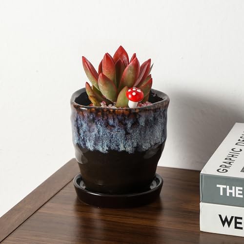Modern Irregular Ceramic Planter Set of 4, 4 Inch Small Unique Reactive Glaze Flower Pots with Drainage Holes & Saucers - Indoor Outdoor Decorative Succulent Orchid Pots- Reactive Glaze Spot - Image 2