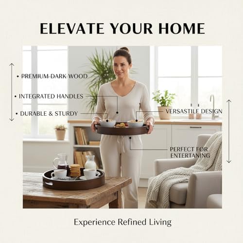 Round Trays Home Decor, 11.8" Large Round Wood Tray for Ottoman Coffee Table Trays, Wooden Kitchen Serving Decorative Trays for Home Office Counter Serveware Organizer, Walnut - Image 5