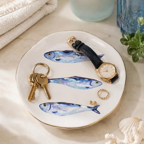 Whaline Sardines Ceramic Jewelry Tray with Gold Rim Small Decorative Trinket Dish Ocean Fish Key Tray for Rings Earrings Necklaces Bracelets Watch Keys Women Bathroom Dresser Table Countertop - Image 4