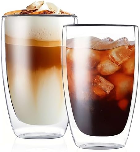 MESNEY 17oz Double Walled Glass Coffee Mugs, Glass Coffee Mugs Set of 2, Insulated Clear Cappuccino Latte Mugs for Home, Cafe & Restaurant, Durable Stackable Drinking Glasses by MESNEY