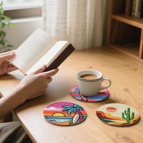 Zynlio Sunset Diamond Paintings Coasters Kits Set with Holder,Diamond Art, DIY Diamond Crafts Coasters for Adults, Diamond Art Painting Kits for Women, Beginners, Diamond Craft Supplies - Image 5