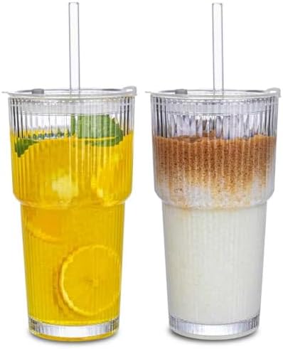 20oz Ribbed Glass Tumbler with Straw & Lid – 2 Pack Iced Coffee Cups,Glass Mug for Cold & Hot Beverages Travel Cup for Smoothies, Tea, and Juice by Unknown