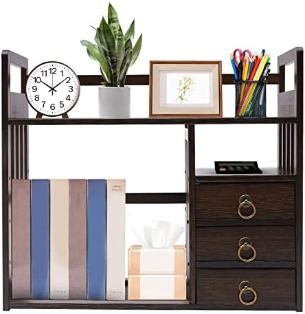 Bamboo Bookshelf Desktop Organizer,Large Capacity Wood Desk Rack,Book Storage Shelves w/3 Drawers for Office Supplies,Home Decor,Bedroom,Dormitories (Walnut) by WUSILILU
