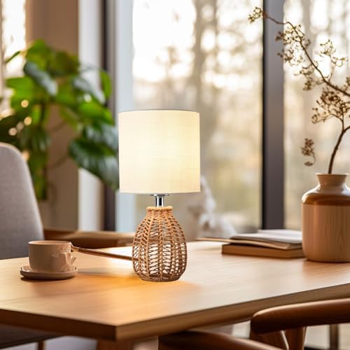 KUNJOULAM Rattan Table Lamp, Small Nightstand Lamp with Linen Fabric Lampshade, Desk Lamp Bedside Lamp for Living Room Home Office, Without Buld - Image 6