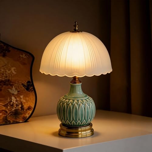 Vintage Green Ceramic Small Table Lamp with White Glass Shade by URLIGHTS