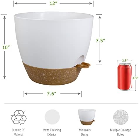 UOUZ 12 inch Large Self Watering Pots, Plastic Planters with 60oZ Removable Deep Reservoir and Multi Mesh Drainage Holes for Indoor Outdoor Garden Plants and Flowers, White with Brown - Image 2