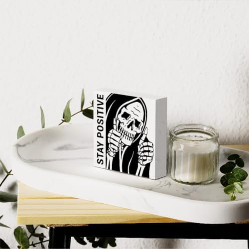 Inspirational Skeleton Man Wooden Box Sign Plaque Stay Positive White Wood Box Sign Rustic Art Home Office Shelf Desk Decor 5 x 5 x 1.2 Inches - Image 5