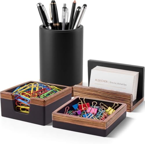 Set of 4 Modern Aesthetic Desk Accessories Organizer Set Minimalist Neutral Home Office Decor Desk Supplies for Men-Pen, Business Card Holder, Sticky Note, Paper Clip Holder (Black) by Unknown
