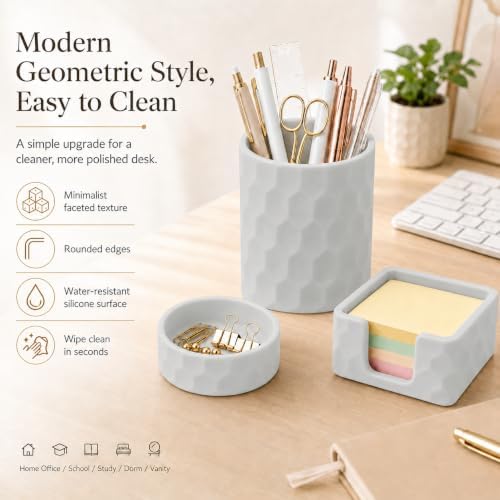 Aesthetic Geometric Silicone Desk Organizer Set of 3,Modern Office Desk Accessories with Round Pen Holder,Paperclip Tray,Sticky Note Holder,Stylish Functional Desk Decor for Home Office(Grey) - Image 2