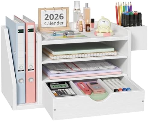 Wood Desk Organizers and Accessories with Drawer - White 3 Tier Paper Tray and Desktop Storage Caddy for Office Supplies, Slanted File Folder Holder and Pen Cup, Dorm Essentials for School by NUTIKAS