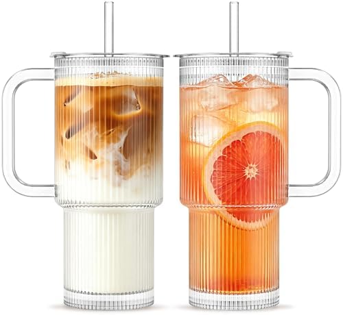 INSETLAN 24 oz Ribbed Glass Tumbler with Handle, 2-Pack Iced Coffee Cups by INSETLAN