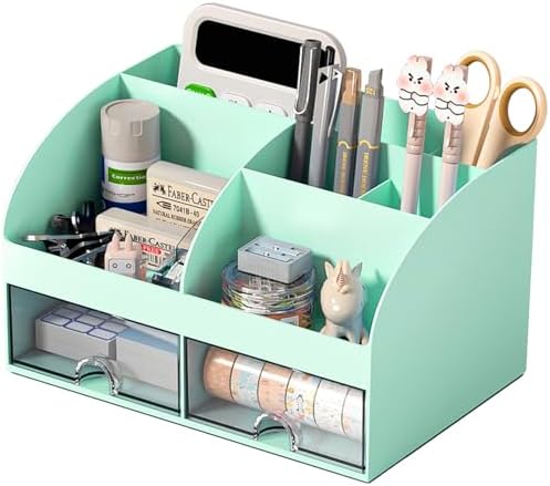 COMFYROOM Desk Organizer with 6 Compartments and 2 Drawers, Plastic Makeup Organizer, Pen Holder for Desktop Storage, Desk Organization for School, Home, Office Supplies (Mint Green) by COMFYROOM