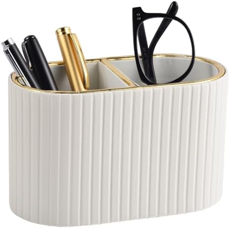 PU Leather Desk Organizer,Pen Holder,Small Remote Control Holder Pencil Cup Multifunctional Nightstand Organizer Caddy for Home School Office Desk Accessories,2 Compartments (Cream White) by XNONE