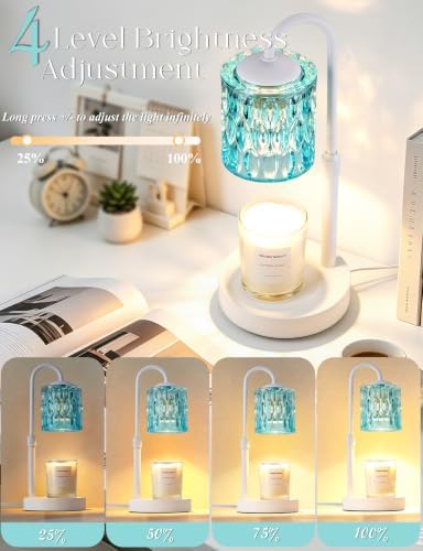 Briever Dimmable Candle Warmer Lamp with Timer, Height Adjustable Electric Candle Wax Warmer, Birthday Gifts for Women Mom, House Warming Gifts New Home Decor, Solid Wood Base, White Blue Glass - Image 3