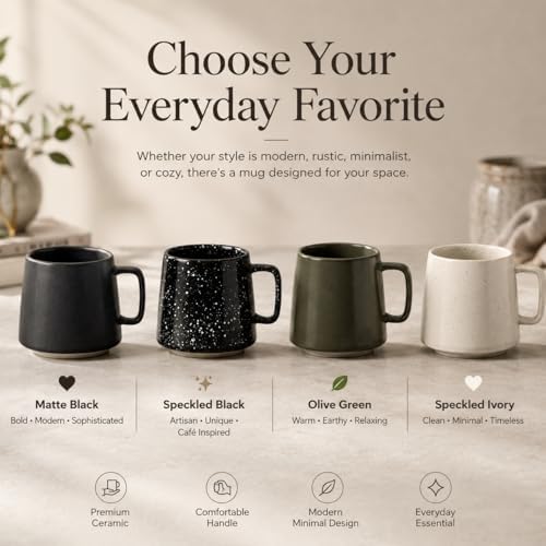 Ceramic Coffee Mugs Set of 4 – 10 oz Matte & Speckled Stoneware Mugs in Matte Black, Speckled Black, Olive Green & Ivory – Modern Minimalist Coffee Cups for Coffee, Tea, Latte & Cappuccino - Image 3