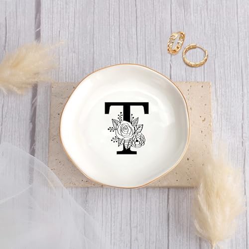 JoycuFF Initial T Ceramic Jewelry Tray, Bridesmaid Bride Gifts, Mothers Day Christmas Anniversary Engagement Birthday Gifts for Women Couples, Trinket Dish for Rings Earrings Necklaces Bracelets Keys - Image 2